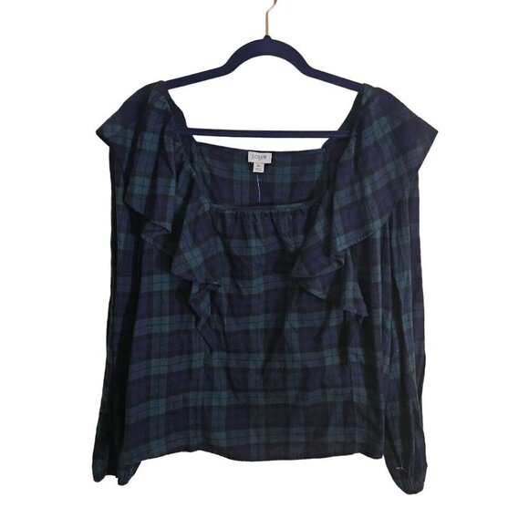 J. Crew NWT Square-Neck Black Watch Plaid Flannel Ruffle Top Size XL - Picture 2 of 10